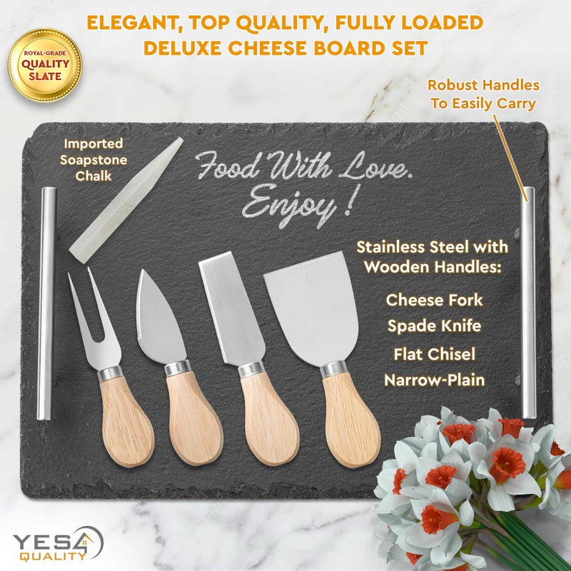 YES4QUALITY Slate Cheese Board Set w/Easy Carry Handles (14â€ x 10â€, Black) Natural Stone Slate Tray for Appetizer Serving; Full Deluxe Cheeseboard Platter w/ 3 Knives, 1 Fork & 2 Soapstone Chalks by Yes4Quality - Image 2